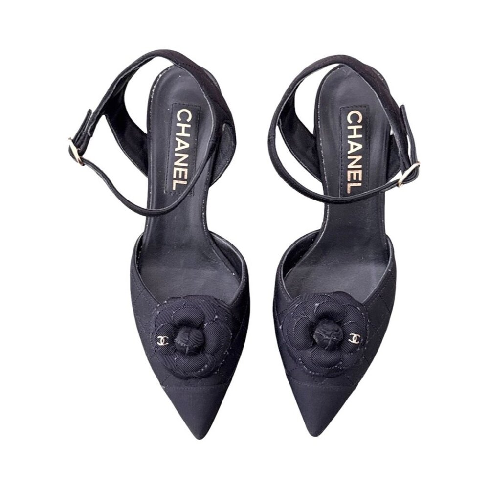 Chanel black flower canvas slingback heels size 38